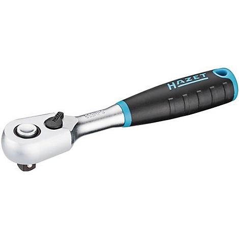 Een sleutel met zwarte handgreep, blauw accent en de letters HAZET.