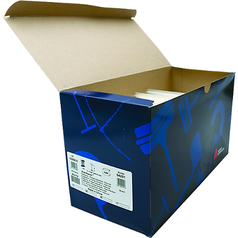 Geöffnete blaue Kartonbox mit braunem Deckel. Aufdruck und Schriftzüge. Innenliegend helles Papier.