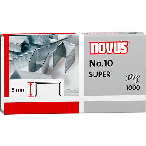 Nahaufnahme einer Heftklammerpackung mit der Aufschrift 'NO.10 SUPER'. Gezeigt werden Heftklammern und eine schematische Zeichnung.