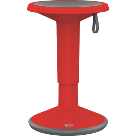 Red standing stool. Grey top and bottom, grey carrying loop, manufacturer's logo.