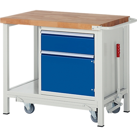Mobile workbench with wooden top, blue drawers, and red lever. On wheels, against a white background.