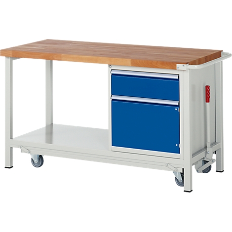 Mobile workbench with wooden top, blue drawer cabinet and red handle.