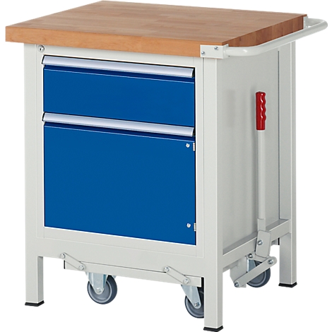 Workbench with blue drawers, wooden tabletop, on wheels.