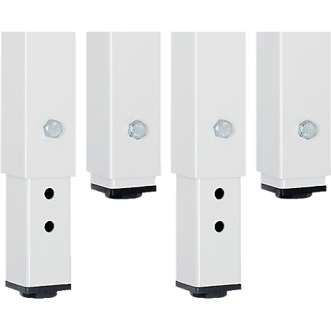 Four white height-adjustable table legs with screws and black feet. Two holes each.