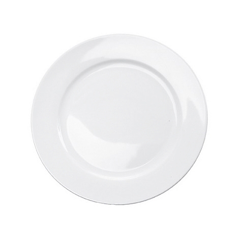 A white plate with a curved surface. The shape is round, with a slightly raised edge.
