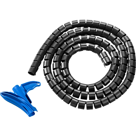 Black cable spiral and blue threading aid, twisted on a white background.