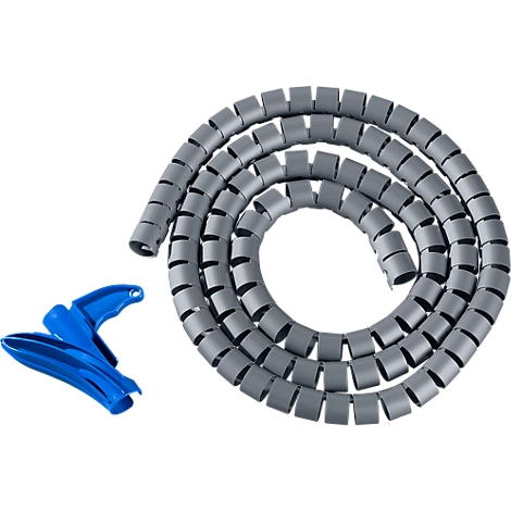 Gray cable spiral and blue mounting aid on a white background.