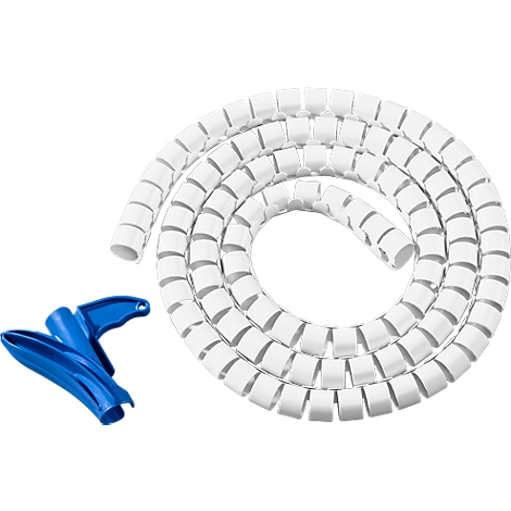 White cable spiral protection tape in a spiral, next to a blue tool.