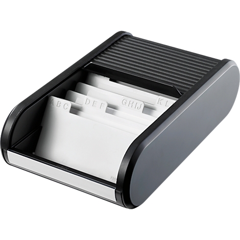 Grey business card box with black roller shutters. Letters are written in white index cards.