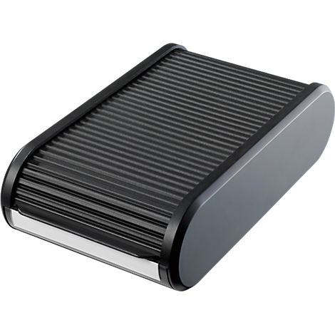 Dark, ridged box with rounded corners and a lid. The housing is dark gray, the corners and frame are black.