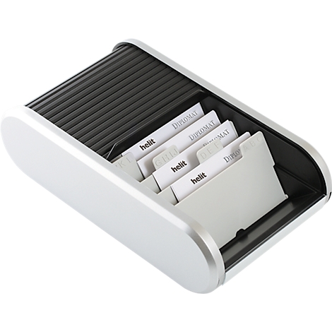 Silver business card box with black slats and inserted cards.