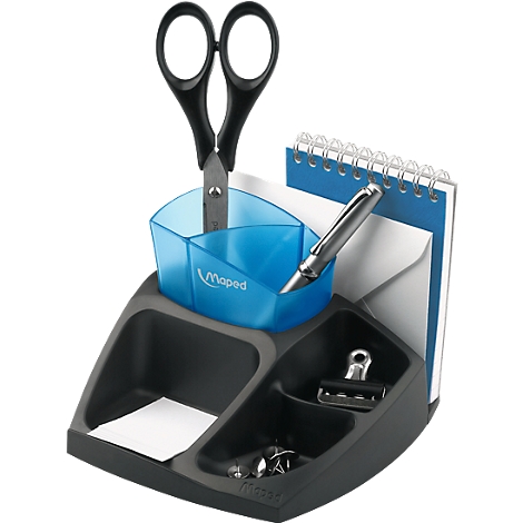 Desk organizer with scissors, pen, notepad, and paper clips. Blue containers, black base.