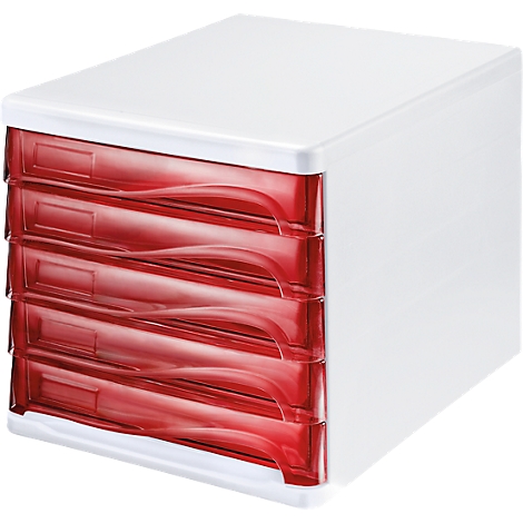 White drawer system with five red drawers. Photographed on a light background.