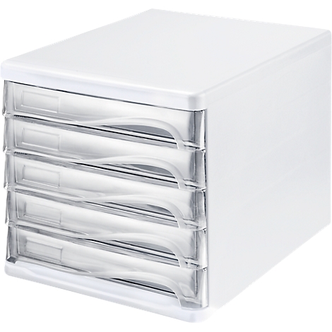 White desk organizer with 5 transparent plastic drawers. Each drawer has a curved recess for a handle.