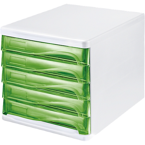 White document organizer with four transparent green drawers.