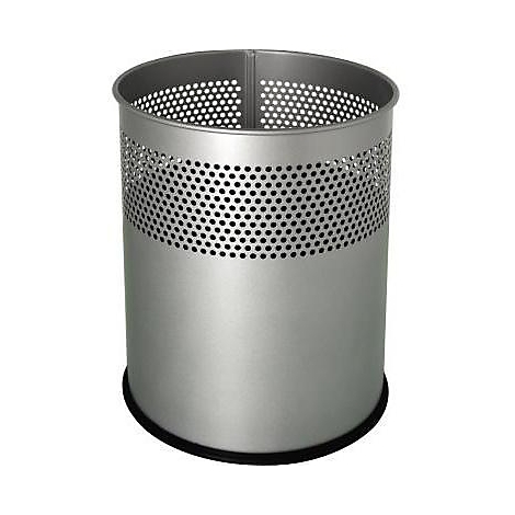 Zilveren cilindrische vuilnisbak met een geperforeerd patroon aan de bovenkant en een zwarte voet.