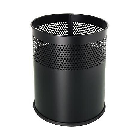 Een cilindrische zwarte prullenbak met een geperforeerde bovenste helft en een ronde basis.