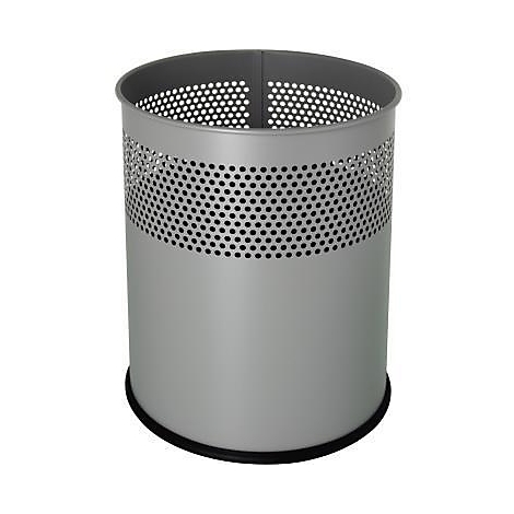 Grijze cilindrische afvalbak met geperforeerd patroon aan de bovenkant, zwarte basis.