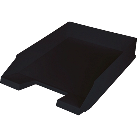Black document tray, made of plastic, set at an angle.