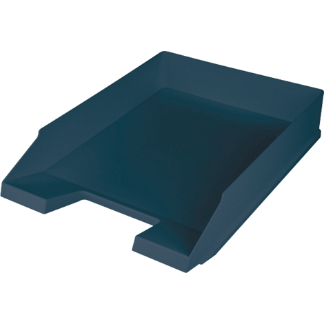 Dark blue, rectangular desk tray with a low edge and an asymmetrical recess.