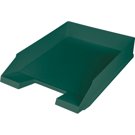 Green desk tray. Rectangular with raised sides and a cut-out at the front.
