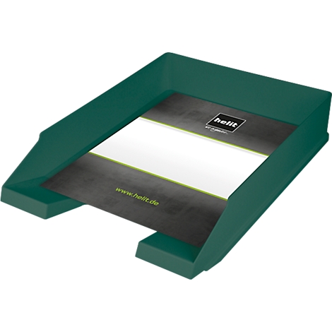 Green letter tray with inserted paper, helit logo.