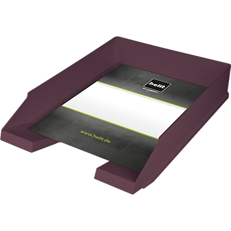 Dark red tray with paper inserted. The helit logo can be seen on the paper.