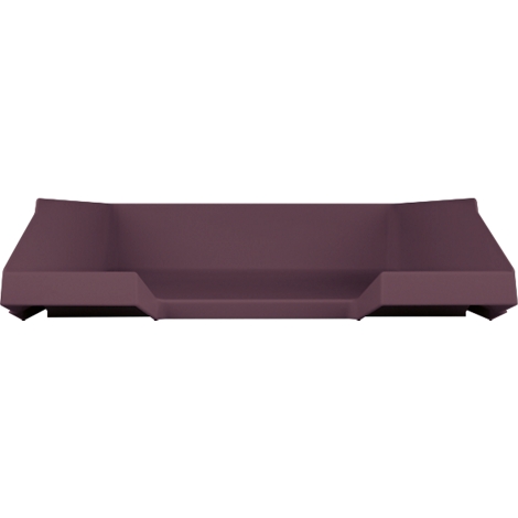 Wine-red sofa with low armrests, minimalist design.