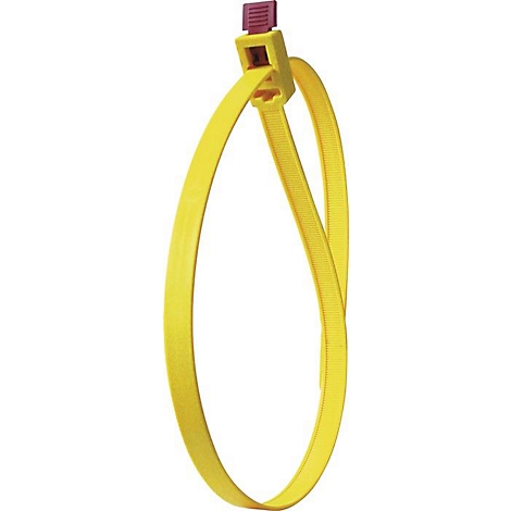 Collier de serrage jaune, fermé. La fermeture est jaune avec une partie rouge.