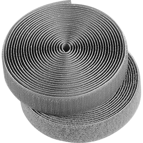 Two gray velcro rolls, rolled up in concentric circles. The fabric has a rough texture.