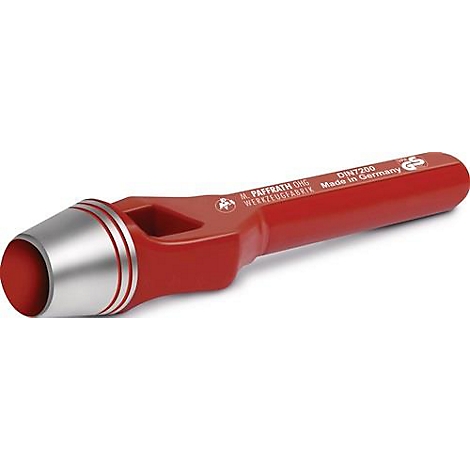 Red hole punch with silver tip. Inscription: PAFFRATH OHG, Werkzeugfabrik. Made in Germany.
