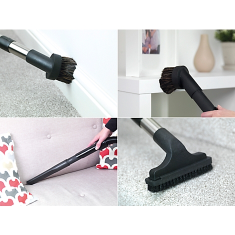 Various vacuum cleaner attachments in use. Brushes clean baseboards, corners, sofas and carpets.