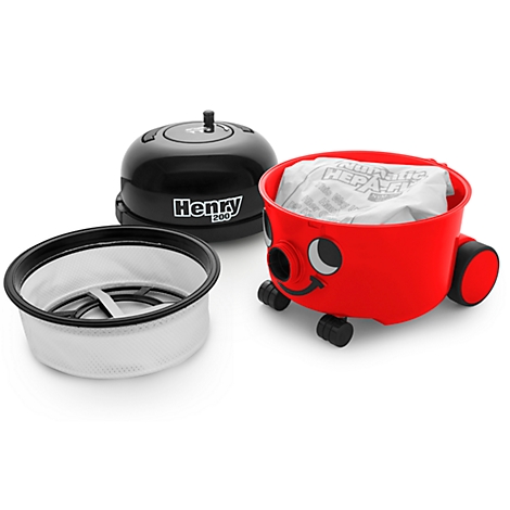 The disassembled red Henry vacuum cleaner, the filter, and the black motor head are on a white background.