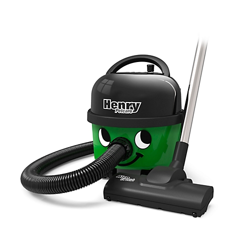 A green vacuum cleaner with a black lid and a face. With hose, handle, and suction nozzle.