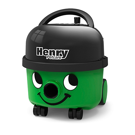 Green "Henry Petcare" vacuum cleaner with black lid and handle. Smiling face with wheels.
