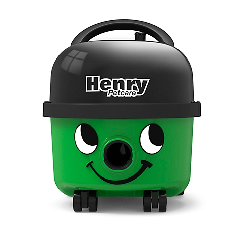 Green "Henry Petcare" vacuum cleaner with a happy face and handle, against a white background.