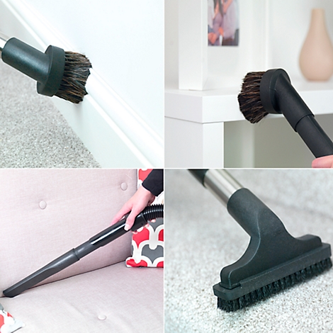 Different vacuum cleaner attachments in use: brush at a corner, at a trim, crevice tool on sofa, floor brush on carpet.