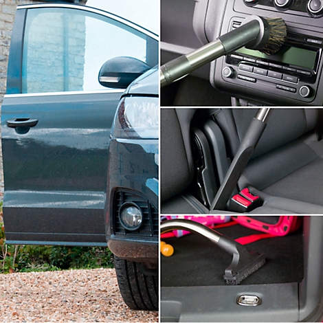 Car with open door and interior cleaning details: dashboard, seats, footwell. Everything clean.