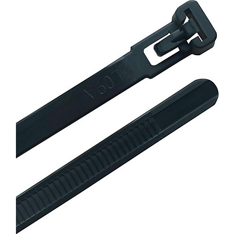 Close-up van een zwarte kabelbinder met een gesloten sluiting. De body van de tie is gegolfd.