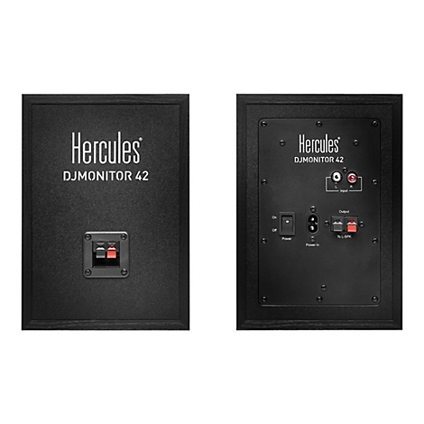 Rückansicht zweier Hercules DJMonitor 42 Lautsprecher mit Anschlüssen und Reglern auf schwarzem Hintergrund.