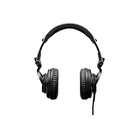 Schwarze Over-Ear-Kopfhörer vor weißem Hintergrund mit weichen Ohrpolstern und Kabelanschluss.