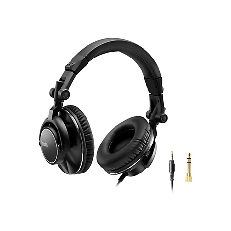 Schwarze Over-Ear DJ-Kopfhörer mit Hercules-Logo und beiliegendem 6,35-mm-Klinkenadapter auf weißem Grund.