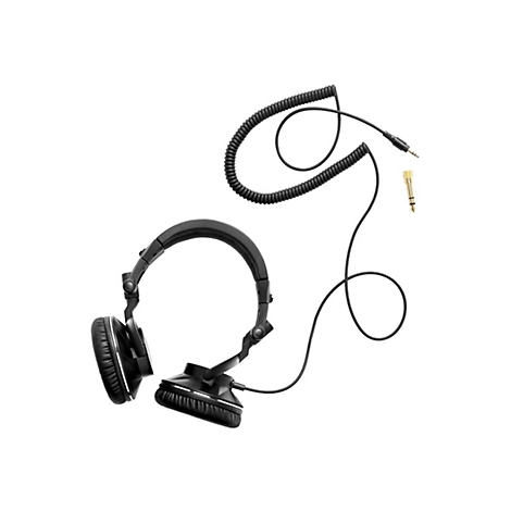 Schwarze Over-Ear-Kopfhörer mit Spiralkabel und einem zusätzlichen goldenen Klinkenstecker-Adapter vor weißem Hintergrund.