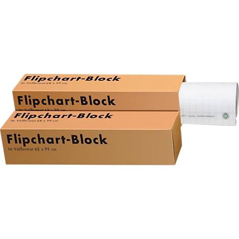 Dos cajas de cartón marrón apiladas con la etiqueta Flipchart-Block, de las que sobresale papel cuadriculado.