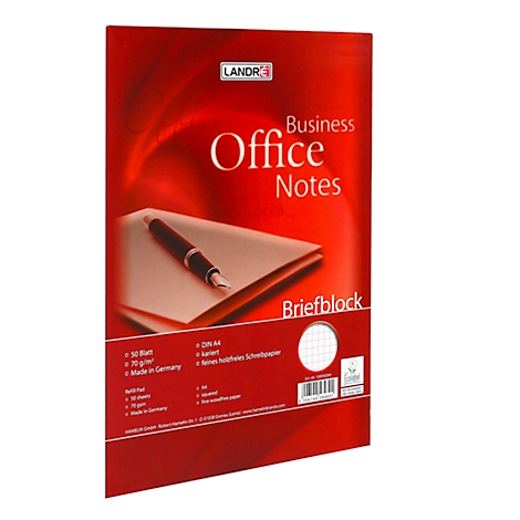 Ein roter Notizblock mit schwarzem Stift. Aufgedruckte Schriftzüge: "Business Office Notes", "Briefblock".