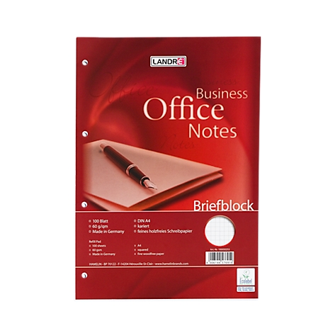Roter Briefblock mit "Business Office Notes"-Logo, einem Stift und Lochung. Textzeilen beschreiben Blattanzahl, Papierart und Format.
