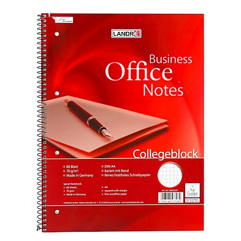 Ein rotes Spiral-Notizbuch mit weißem Papier und Stift. Auf der Vorderseite steht 'Business Office Notes' und 'Collegeblock'.