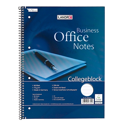 Blaues Collegeblock mit Spirale und Aufdruck. „Business Office Notes“ ist lesbar.