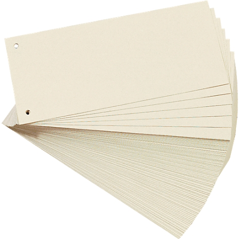 A fan of beige index cards with a hole punch. The stack below shows many more cards.