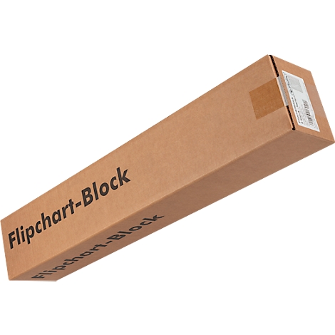 Caja de cartón marrón alargada con la etiqueta Flipchart-Block sobre un fondo blanco.